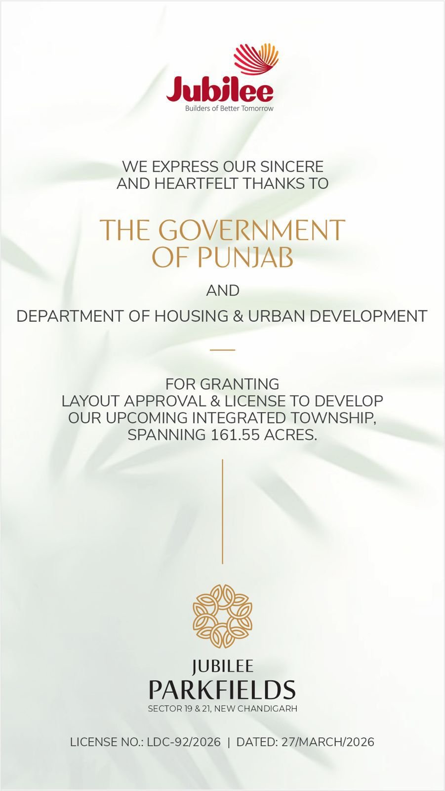 Jubilee Parkfields – Punjab Government Layout Approval Certificate LDC-92/2026